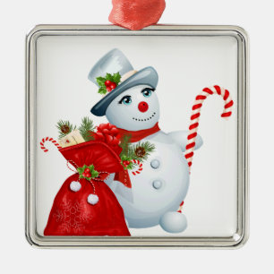 Ornement Carré Argenté Mignonne bonhomme de neige de Noël