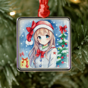 Ornement Carré Argenté Mignonne Festive Anime Fille Noël