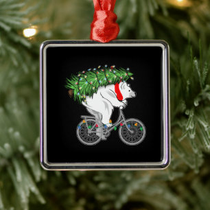 Ornement Carré Argenté Mignonne Ours Portant Un Cadeau Arbre De Noël Pour