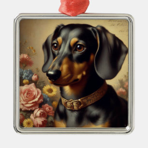 Ornement Carré Argenté Mignonne peinture Vintage Dachshund