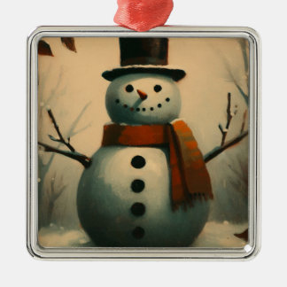 Ornement Carré Argenté Mignons Snowman Vintage pour Noël neigeux
