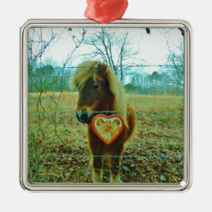 Ornement Carré Argenté Miniature cheval Brown Valentine Heart