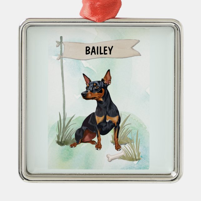 Ornement Carré Argenté Miniature Pinscher Watercolor Personalized Dog (Devant)