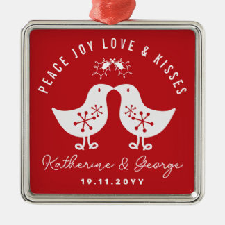 Ornement Carré Argenté Mistletoes Kissing Chicks Mr & Mrs 1st Christmas