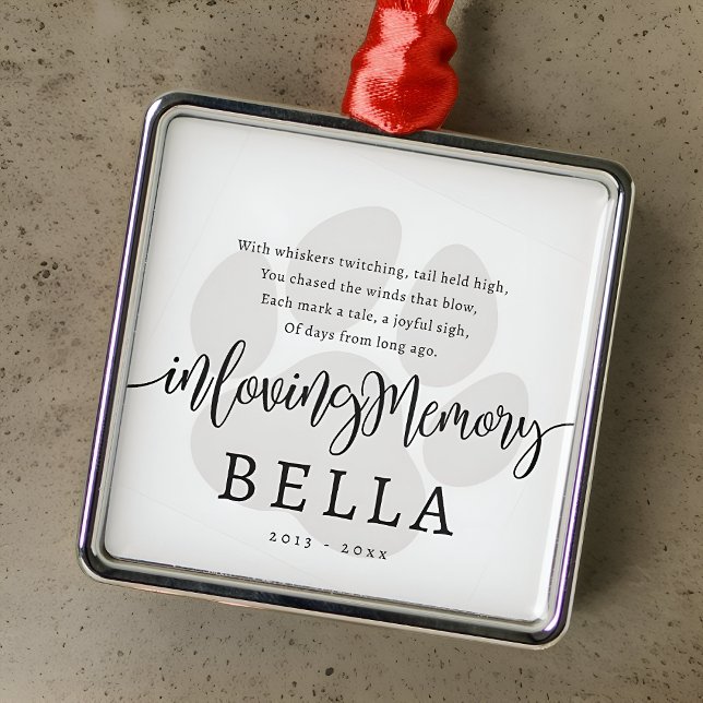 Ornement Carré Argenté Moderne Élégant Simple Chic Paw Pet Cat Memorial (Créateur téléchargé)