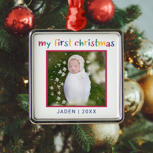 Ornement Carré Argenté Mon premier bébé de Noël photo colorée mignonne