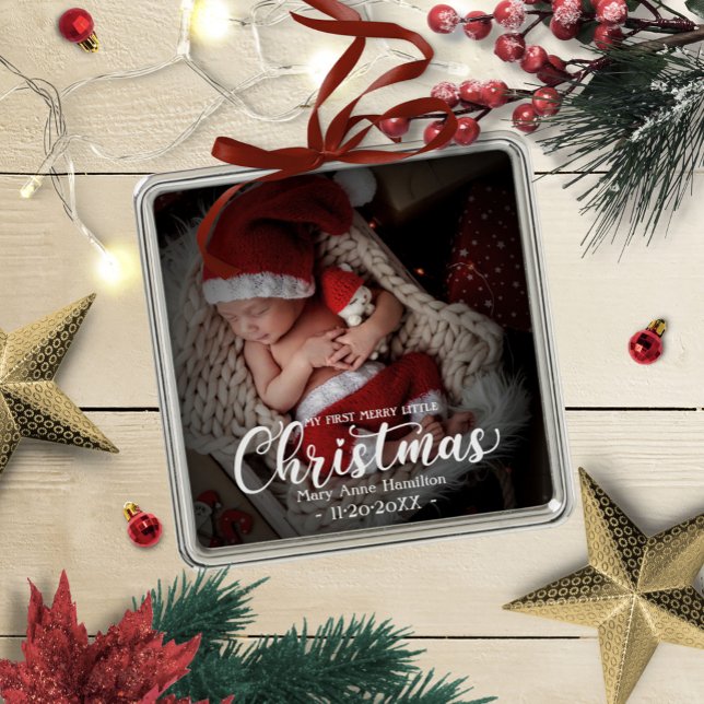 Ornement Carré Argenté Mon premier joyeux petit Noël Nouveau-né photo béb (Créateur téléchargé)