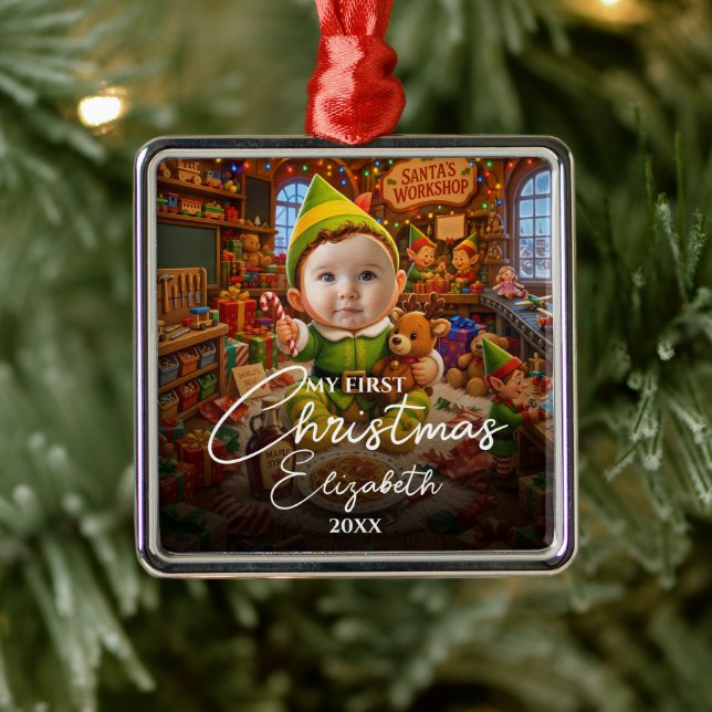 Ornement Carré Argenté Mon premier Noël Le petit aide du Père Noël Photo (Arbre)