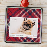 Ornement Carré Argenté Mon premier Noël pour toujours Accueil Plaid Photo<br><div class="desc">Ce design simple et classique est composé de typographie serif et d'ajouter une photo d'animal de compagnie personnalisée. "Mon premier Noël dans ma maison à jamais" orne le dessin.</div>