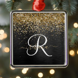 Ornement Carré Argenté Monogramme à étincelle noire à Parties scintillant<br><div class="desc">Personnalisez facilement ce design tendance et élégant,  avec une jolie parties scintillant dorée brillante sur un arrière - plan métallique brossé noir.</div>