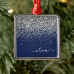 Ornement Carré Argenté Monogramme à Parties scintillant étincelante en ar<br><div class="desc">Parties scintillant bleue Argent et Marine Nom du monogramme et ornement de Noël initial. Cela rend le cadeau parfait pour 16 ans,  mariage,  douche nuptiale,  anniversaire,  baby shower ou bachelorette pour quelqu'un qui aime le luxe glam et les styles chic.</div>