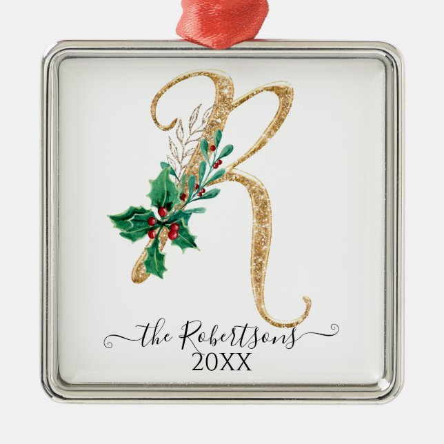Ornement Carré Argenté Monogramme de Noël R Gold Parties scintillant Holl (Devant)