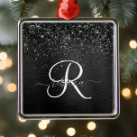 Ornement Carré Argenté Monogramme d'étincelle à Parties scintillant noire<br><div class="desc">Personnalisez facilement ce design tendance et élégant,  avec une jolie parties scintillant brillante noire sur un arrière - plan métallique brossé noir.</div>