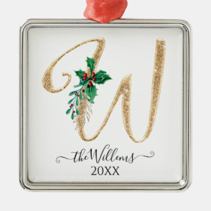 Ornement Carré Argenté Monogramme d'or W Parties scintillant Noël Holly F
