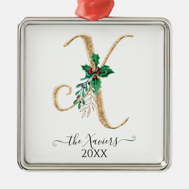 Ornement Carré Argenté Monogramme d'or X Parties scintillant Noël Holly F (Devant)