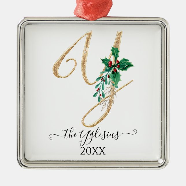 Ornement Carré Argenté Monogramme d'or Y Parties scintillant Noël Holly F (Devant)