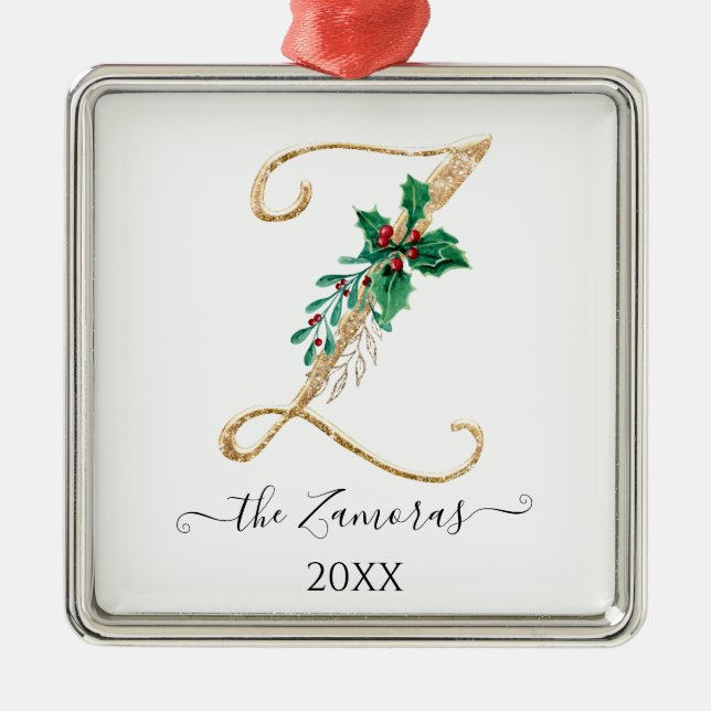 Ornement Carré Argenté Monogramme d'or Z Parties scintillant Noël Holly F (Devant)