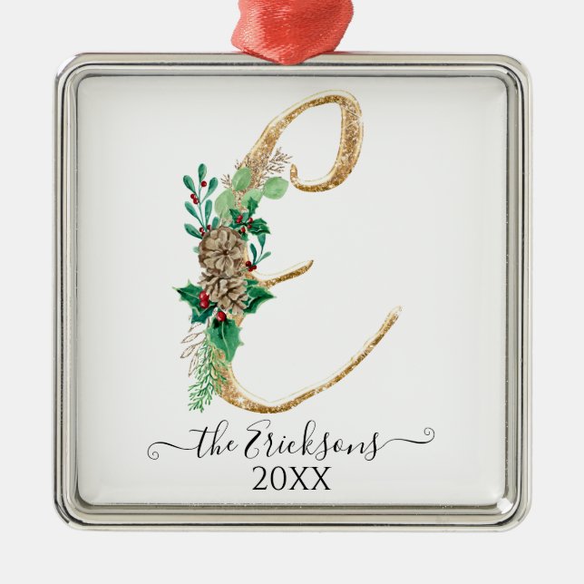Ornement Carré Argenté Monogramme E Famille Holly Noël Gold Parties scint (Devant)