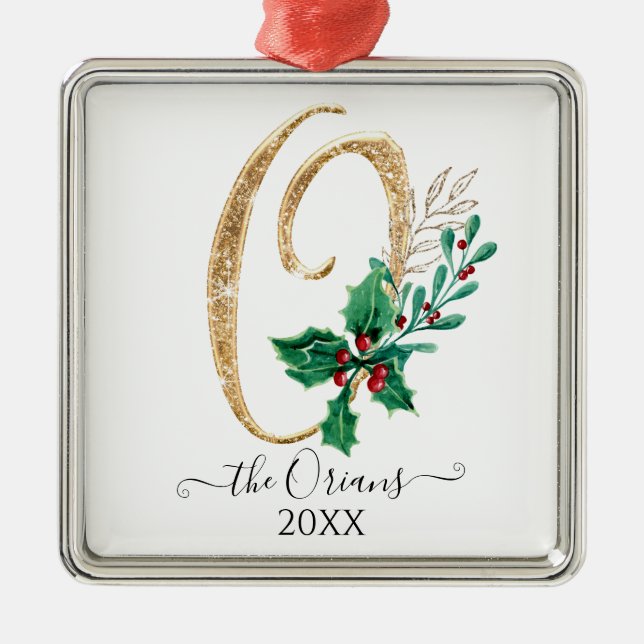 Ornement Carré Argenté Monogramme O Gold Parties scintillant Noël Holly F (Devant)