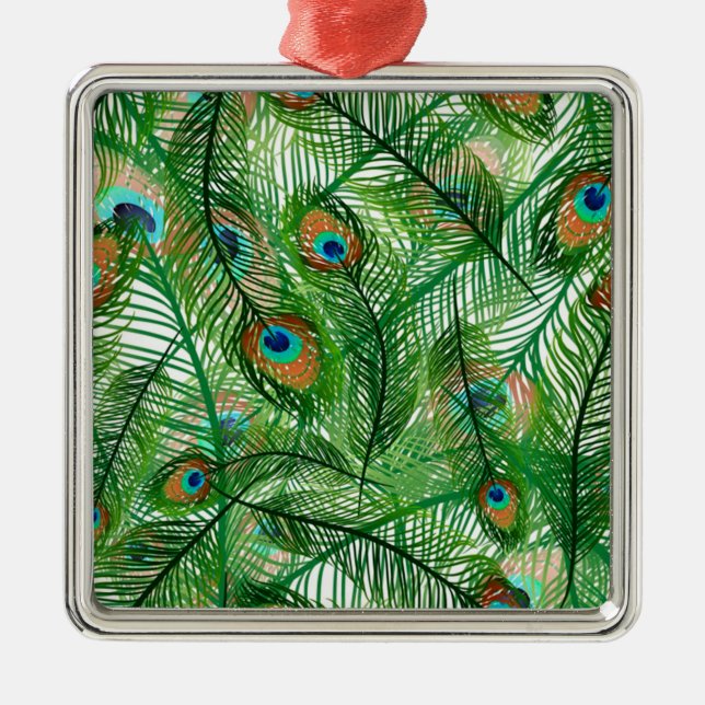 Ornement Carré Argenté motif de plumes de paon (Devant)