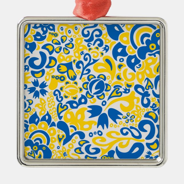 Ornement Carré Argenté Motif folklorique aux couleurs du drapeau ukrainie (Devant)