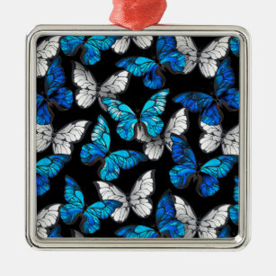 Ornement Carré Argenté Motif sans couleur foncée avec papillons bleus Mor