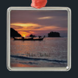 Ornement Carré Argenté Nai Yang Beach, Phuket, Thaïlande<br><div class="desc">Nai Yang Beach,  Phuket,  ornement du coucher de soleil en Thaïlande,  étiqueté.</div>