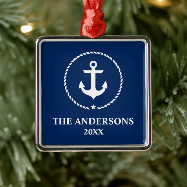 Ornement Carré Argenté Nautical Navy Blue Anchor Name Year (Arbre)