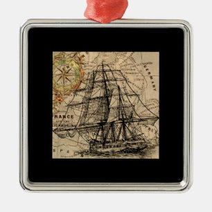 Ornement Carré Argenté Navire Ancien et Carte