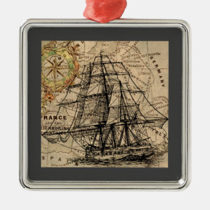 Ornement Carré Argenté Navire et carte vintage