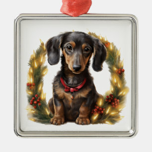 ORNEMENT CARRÉ ARGENTÉ NOËL ADORABLE CHIEN BLACK TAN DACHSHUND CHIEN