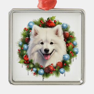 ORNEMENT CARRÉ ARGENTÉ NOËL ADORABLE SAMOYED CHIEN WREATING