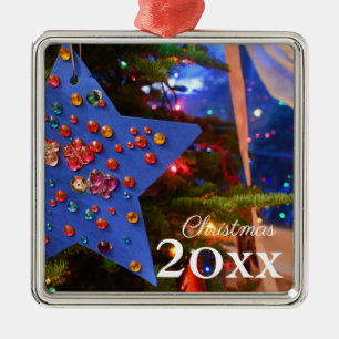 Ornement Carré Argenté Noël Arbre brillant brillant étoile bleue