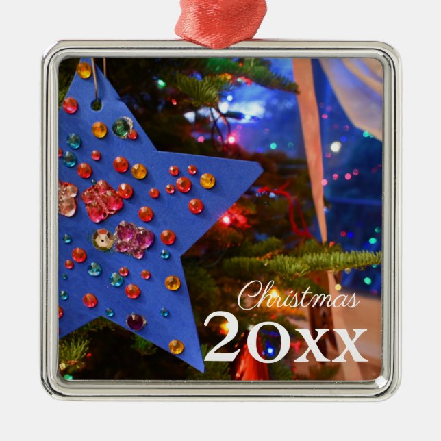 Ornement Carré Argenté Noël Arbre brillant brillant étoile bleue (Devant)