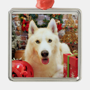 Ornement Carré Argenté Noël - chien de traîneau sibérien - portraits de