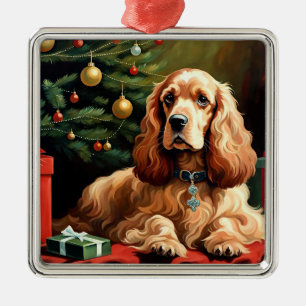 Ornement Carré Argenté Noël Cocker Spaniel
