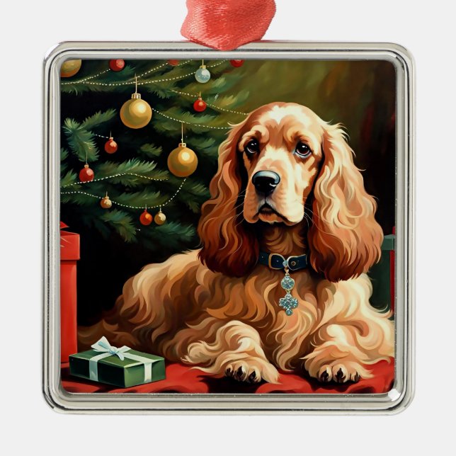 Ornement Carré Argenté Noël Cocker Spaniel (Devant)