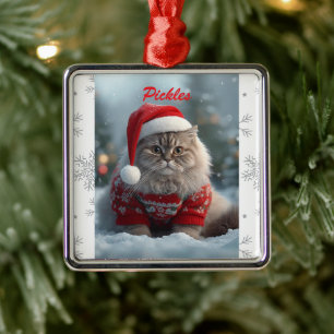 Ornement Carré Argenté Noël de chat à courte air britannique personnalisé