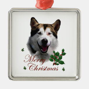 Ornement Carré Argenté Noël de Malamute en Alaska