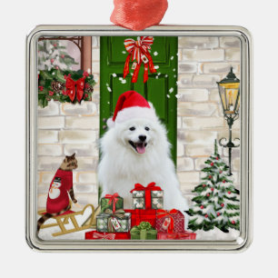 Ornement Carré Argenté Noël du Chien de Spitz