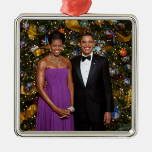 Ornement Carré Argenté Noël du président Barack Obama et de Michelle