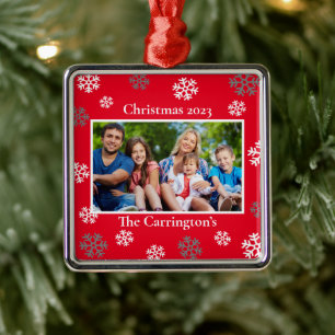 Ornement Carré Argenté Noël Photo Snowflakes Nom Date Custom Metal