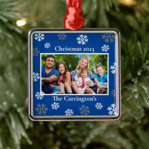 Ornement Carré Argenté Noël Photo Snowflakes Nom Date Métal Bleu Ou
