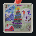Ornement Carré Argenté Noël Premier Noël<br><div class="desc">Les fêtes sont si amusantes ! Comme vous pouvez le voir dans cette aquarelle vibrante, les habitants du village de Noël se régalent d'un patinage d'hiver glacé sur l'étang gelé. Un énorme sapin de Noël a été décoré de billes colorées et de lamelles brillantes et une étoile brillante placée sur...</div>