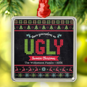 Ornement Carré Argenté Noël Sweater Ugly Tricot Nordique Tableau Noir Amu