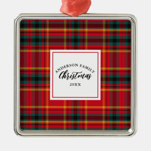 Ornement Carré Argenté Noël Tartan Plaid Nom de famille Année