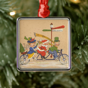 Ornement Carré Argenté Noël vintage, Père Noël à bicyclette