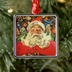 Ornement Carré Argenté Noël Vintage Santa Claus à Sleigh avec jouets