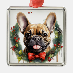 ORNEMENT CARRÉ ARGENTÉ NOIR TAN FRANÇAIS BULLDOG CHRISTMAS WREATT