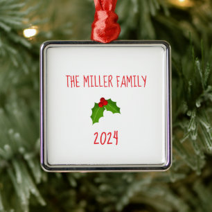 Ornement Carré Argenté Nom de famille Noël Holly Keepsaké ANNÉE Festive
